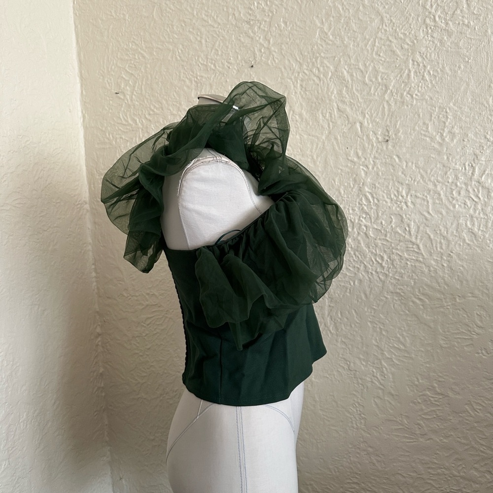 Anthropologie Sunday in Brooklyn Forest Green Asymmetrical Tulle Ruffle Top M - Picture 10 of 13